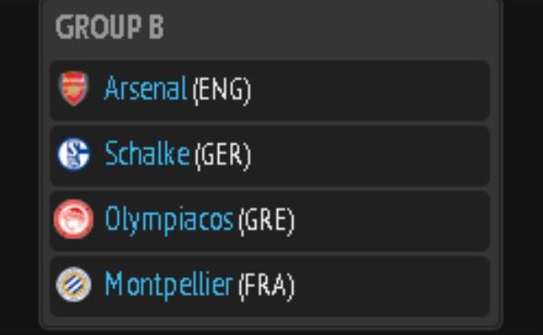 Bảng B: Arsenal (Anh) – Schalke 04 (Đức) – Olympiakos (Hy Lạp) – Montpellier (Pháp)